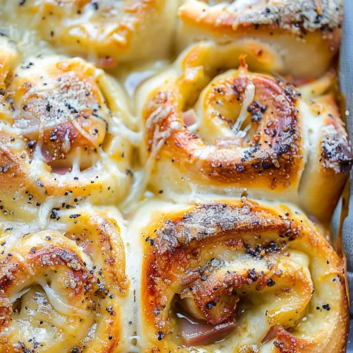 Close-up of a warm ham and cheese roll with a beautifully glazed top.