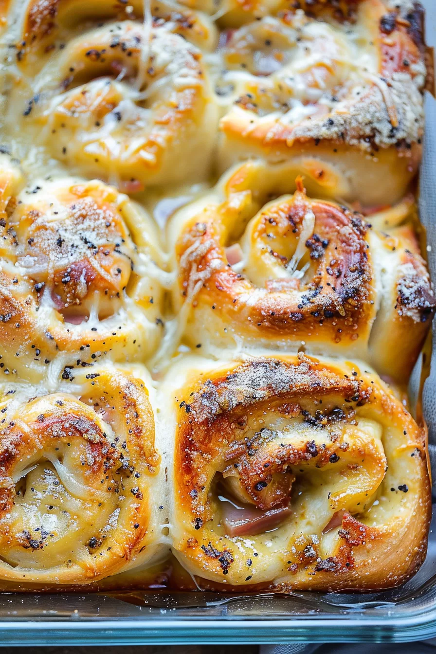 Close-up of a warm ham and cheese roll with a beautifully glazed top.