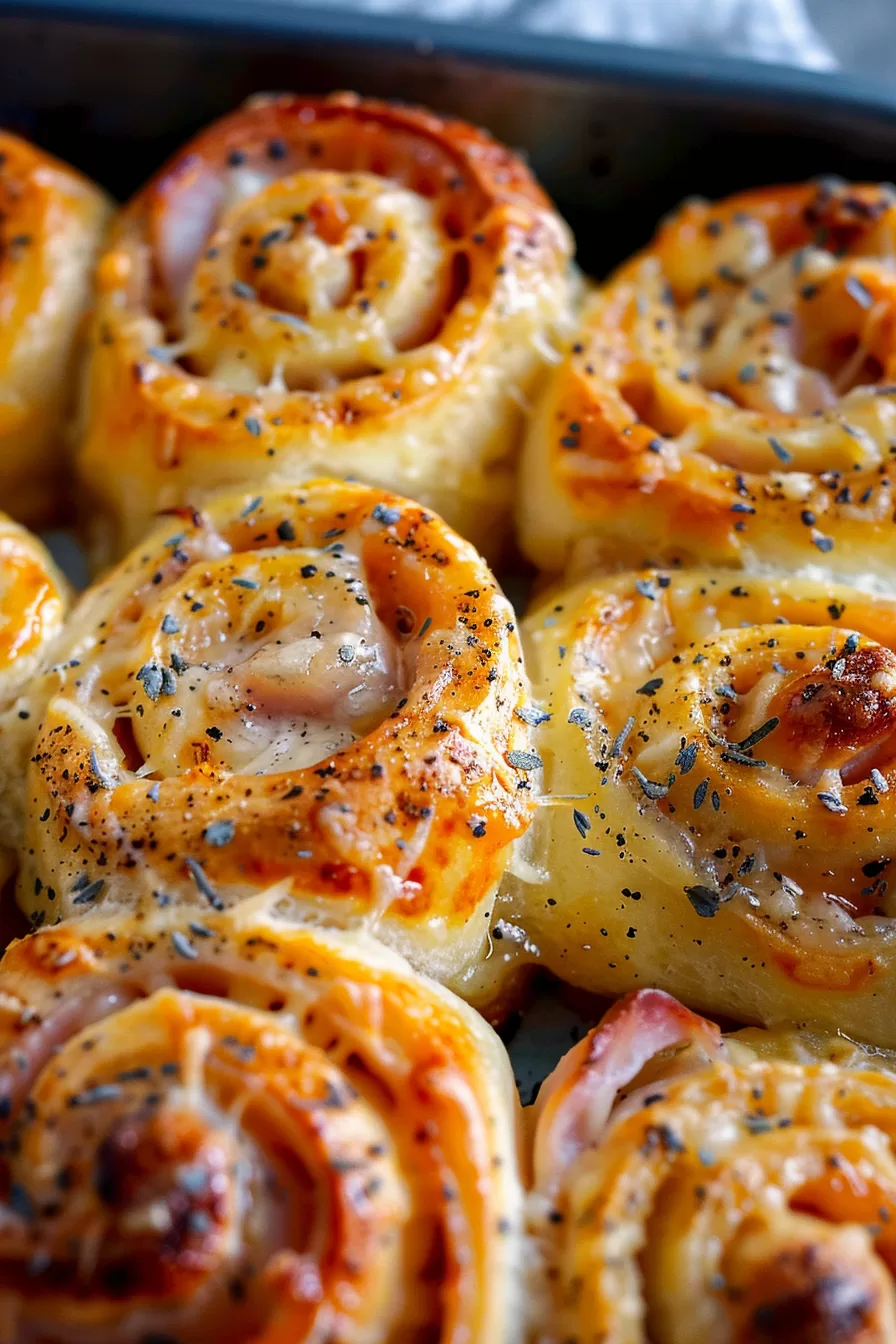 Freshly baked ham and cheese rolls with a crispy crust and gooey cheese inside.