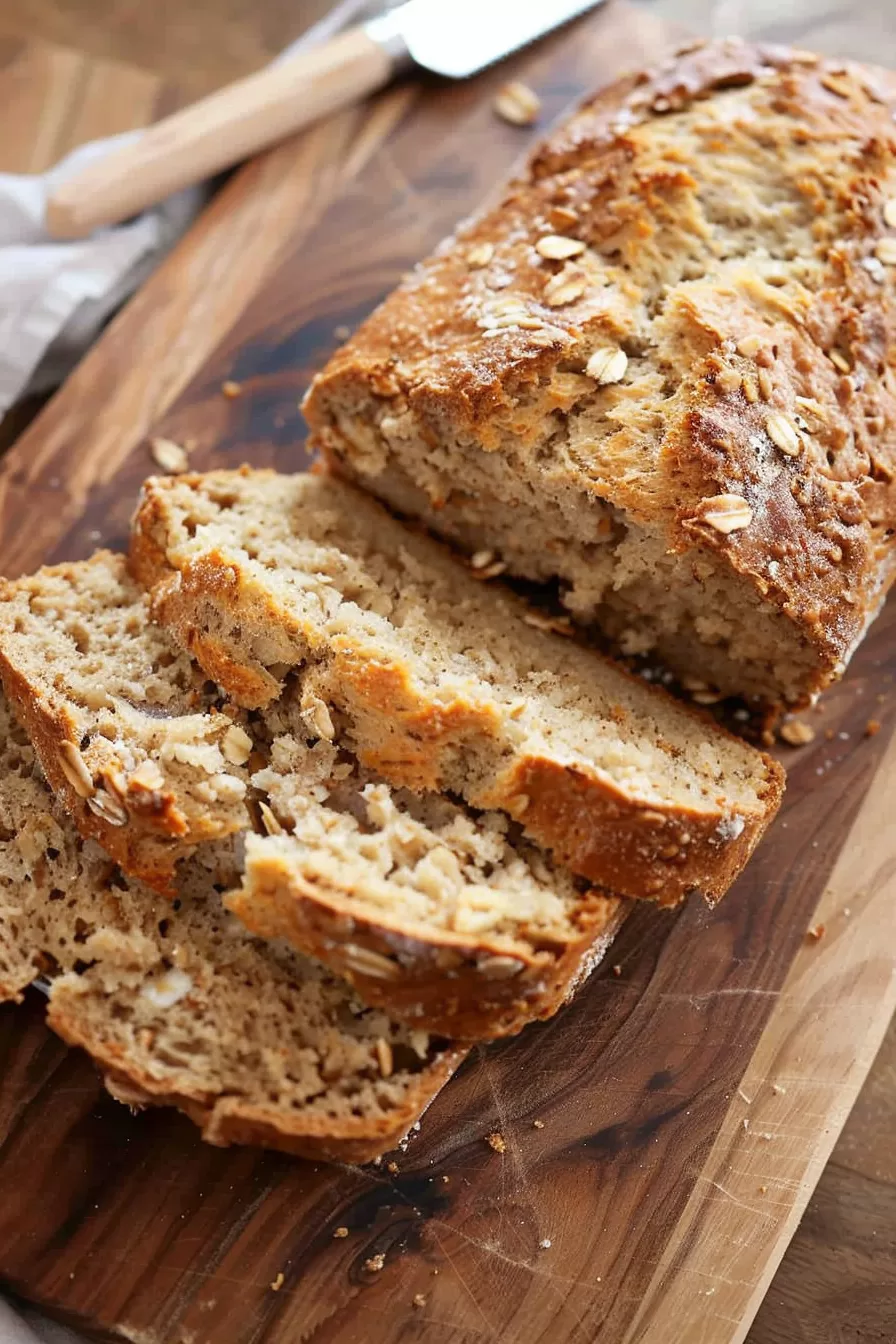 A loaf on a cutting board, surrounded by crumbs for a rustic feel.