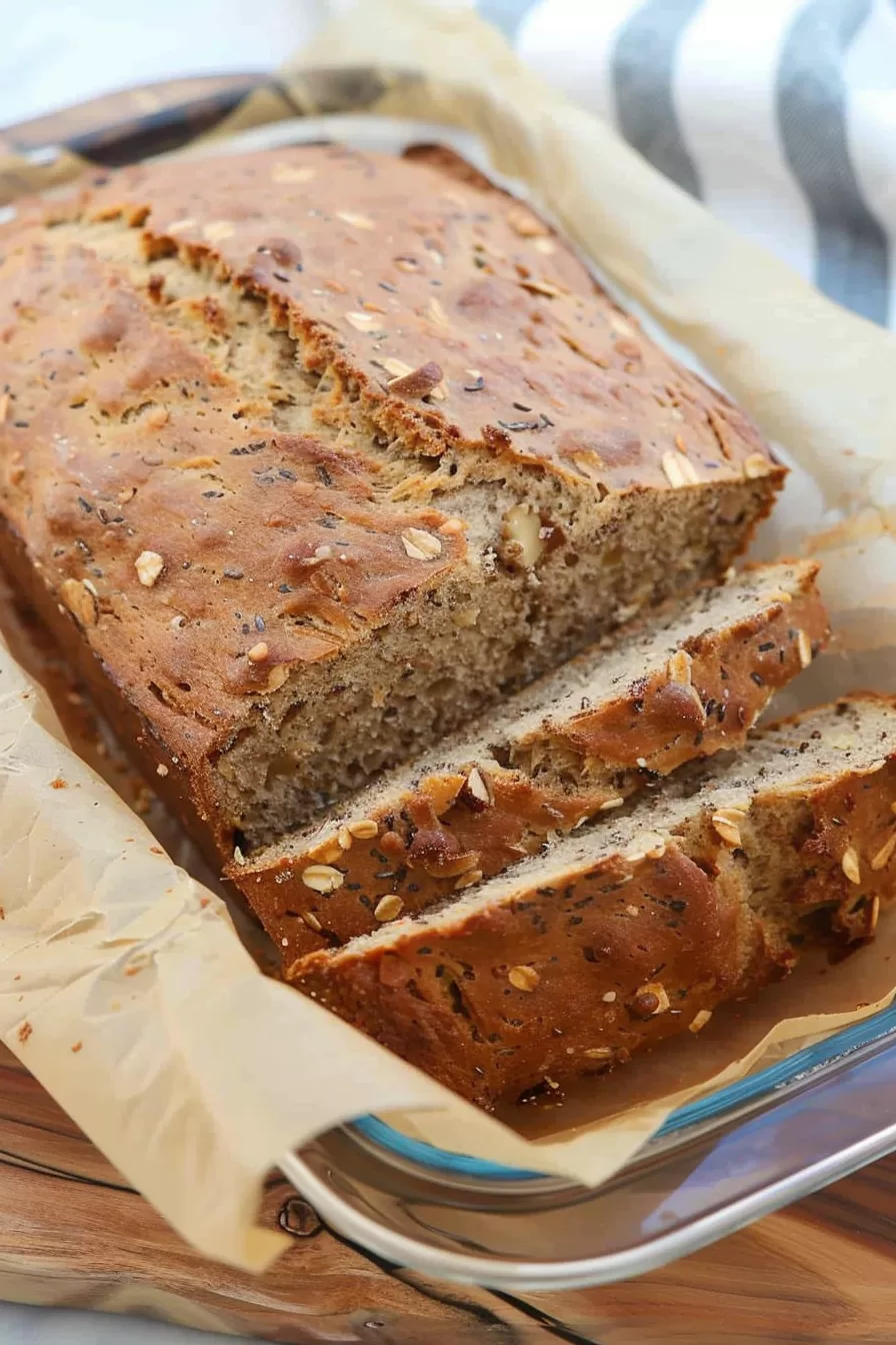 Freshly baked bread with a golden-brown crust, ready to serve.