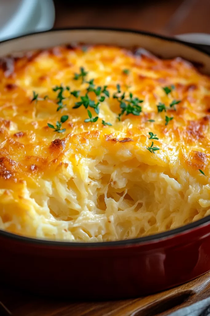 Baked hashbrown casserole with a golden, crispy topping served in a baking dish.