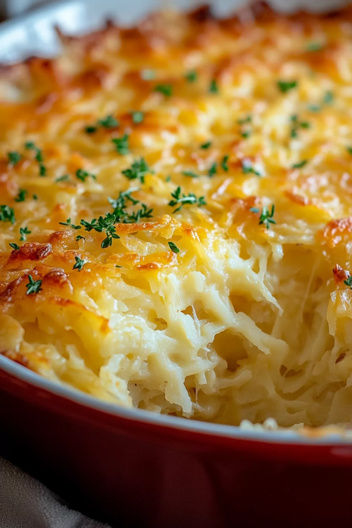 Close-up view of a creamy, cheesy hashbrown casserole with a perfectly browned crust.