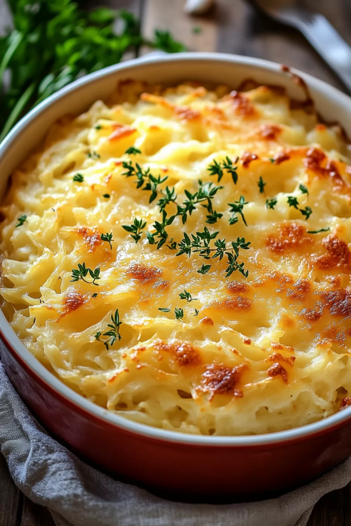 A serving of cheesy hashbrown casserole on a plate, showcasing its soft, layered texture.