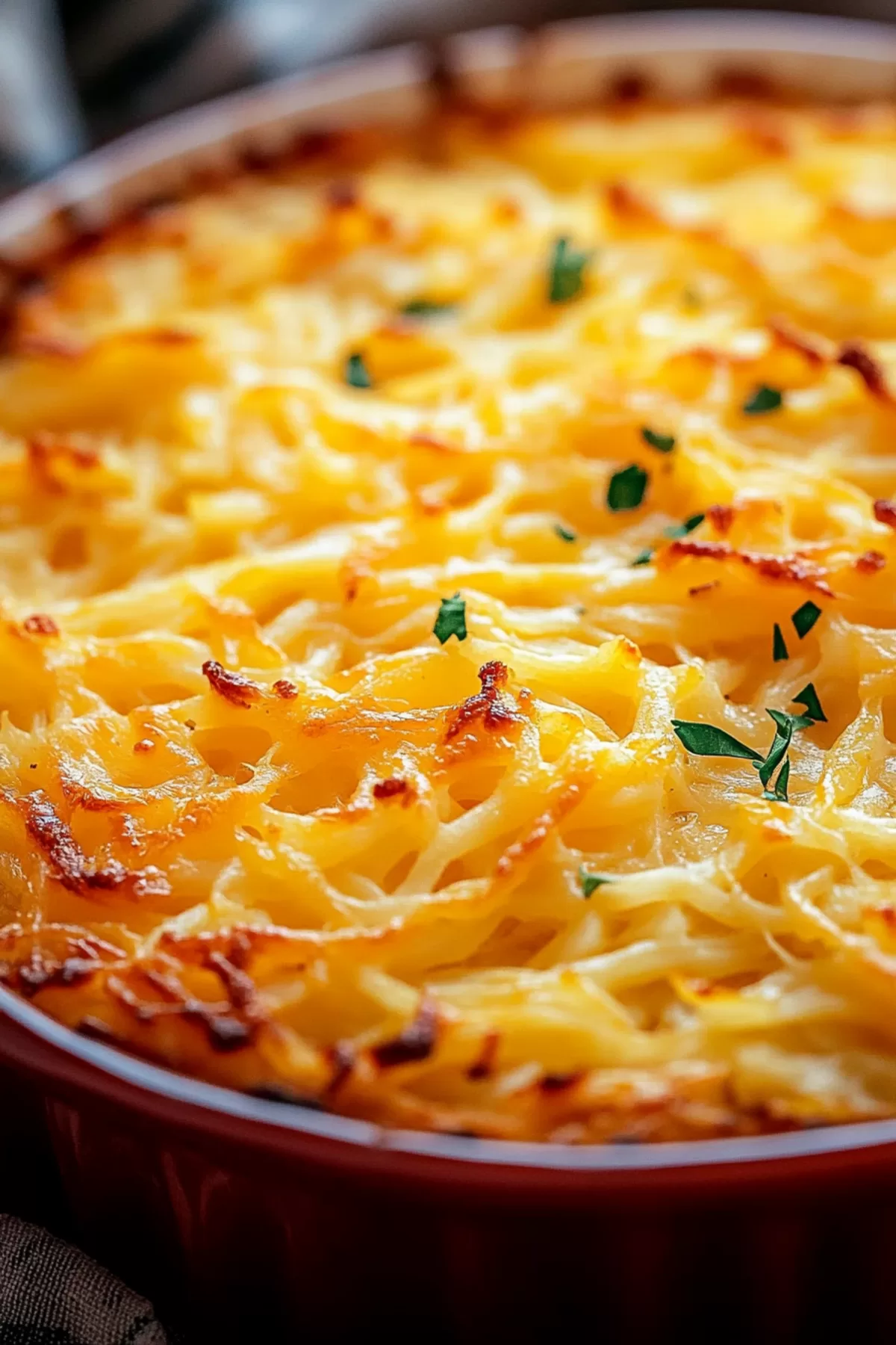 Hot, golden hashbrown casserole fresh out of the oven with a crispy, bubbling top layer.