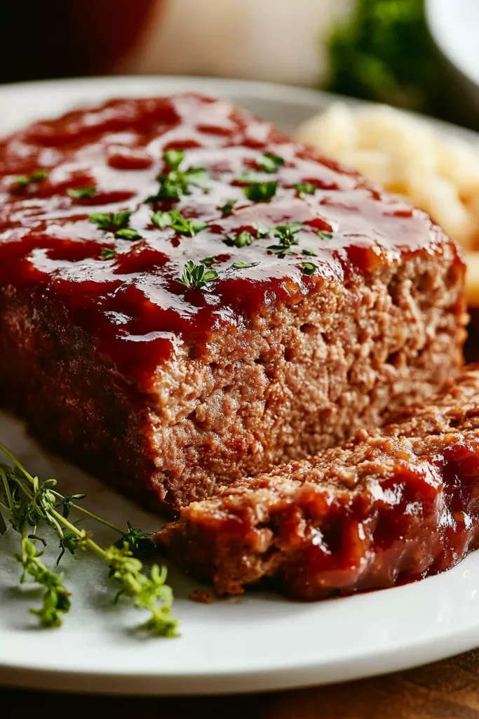 A juicy slice of meatloaf topped with a glossy tomato glaze and garnished with fresh herbs.