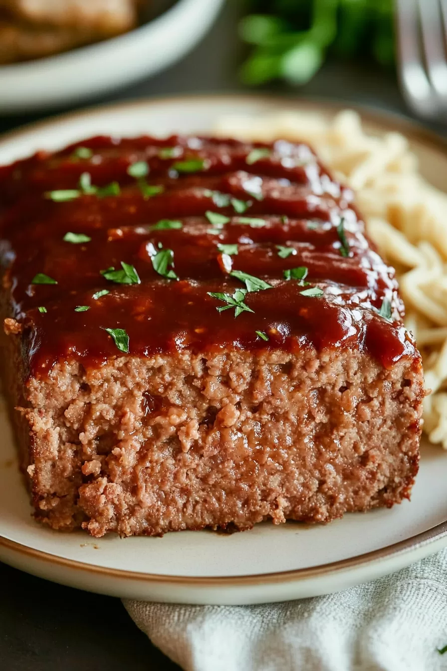 Close-up of moist, tender meatloaf with a savory sauce spread across the top.