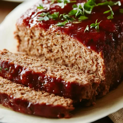 Sliced meatloaf with a rich, tangy tomato glaze, highlighting the texture of the seasoned meat.