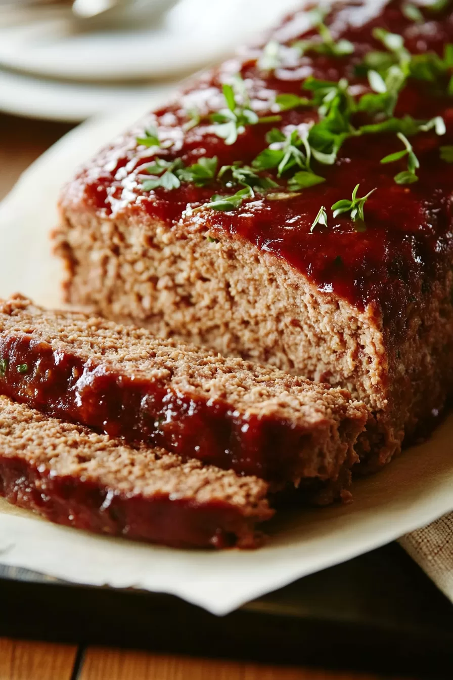 Sliced meatloaf with a rich, tangy tomato glaze, highlighting the texture of the seasoned meat.