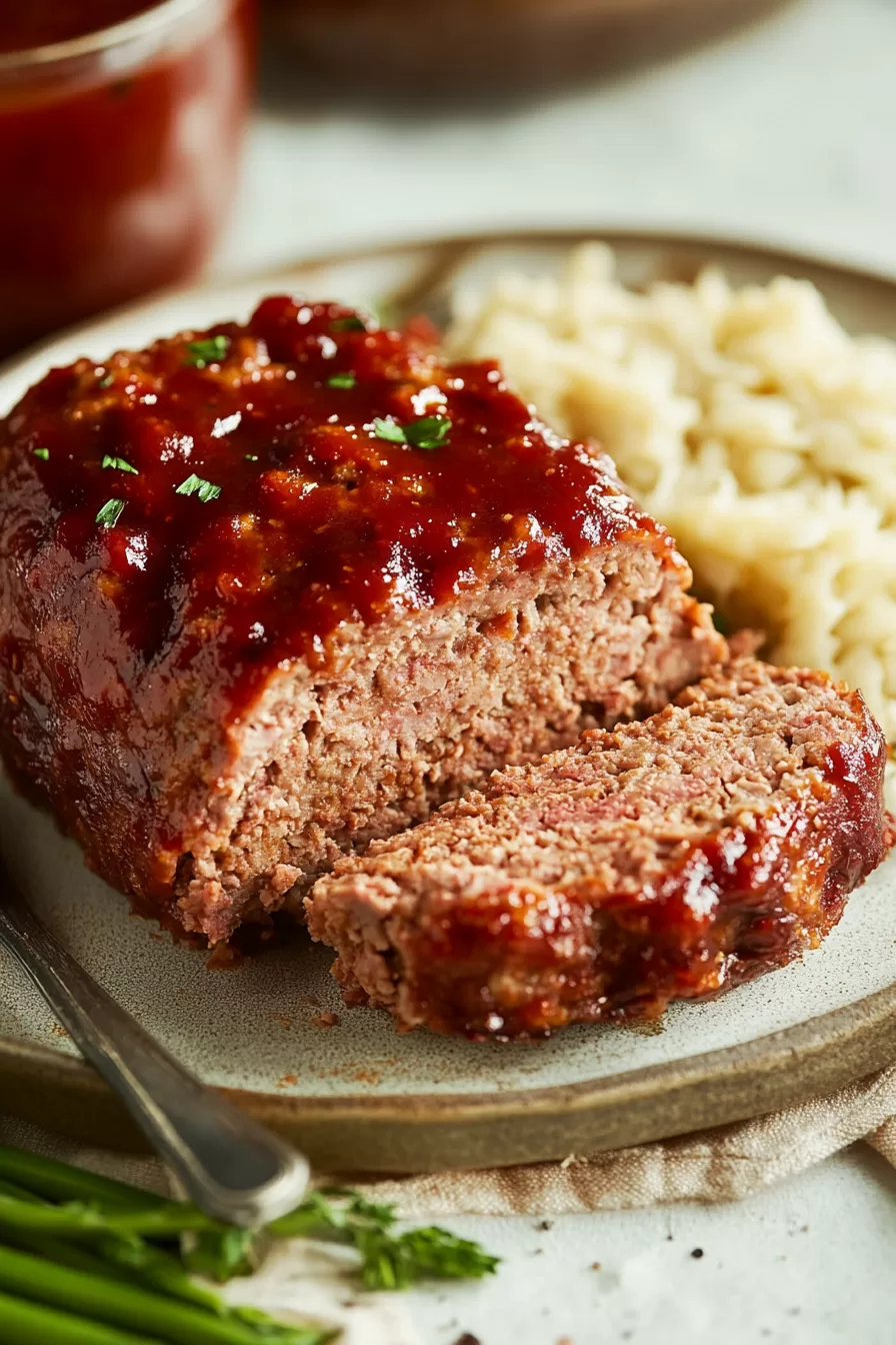 Thick, hearty meatloaf served on a plate with a side of creamy mashed potatoes.