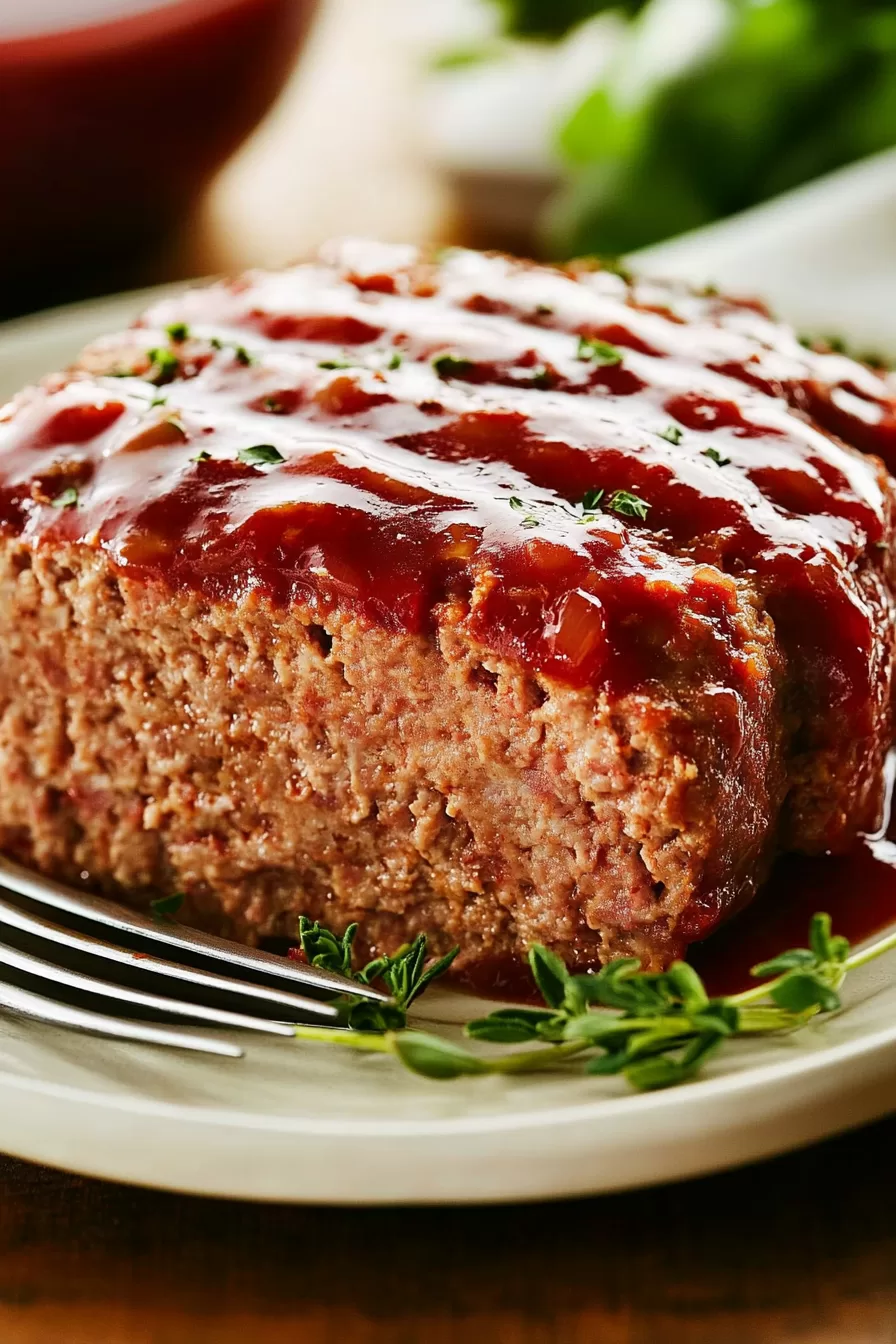 Homestyle meatloaf resting on a rustic plate, garnished with a touch of fresh parsley.