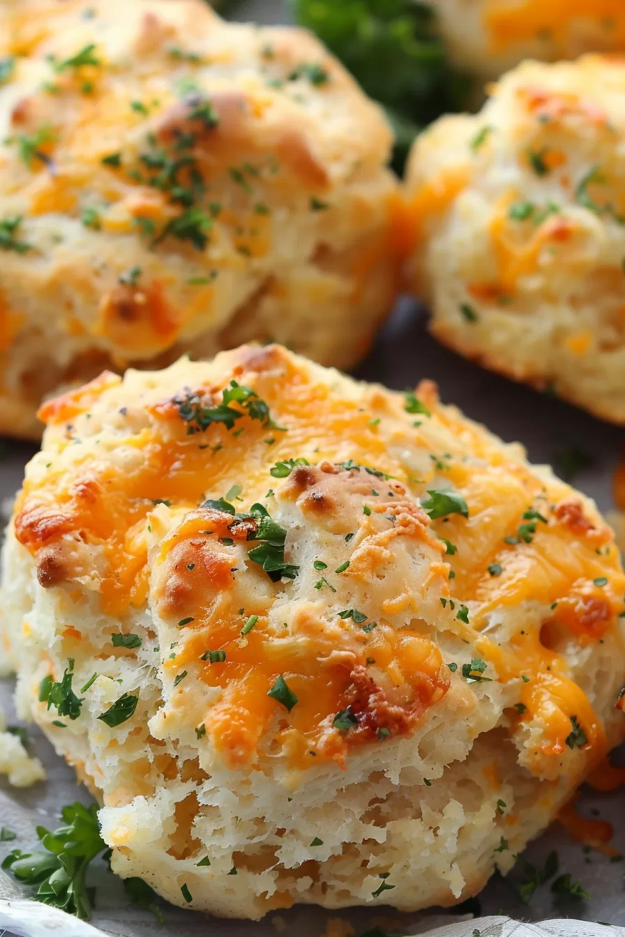 Stacked biscuits on a serving plate, with crisp edges and a warm, cheesy aroma.