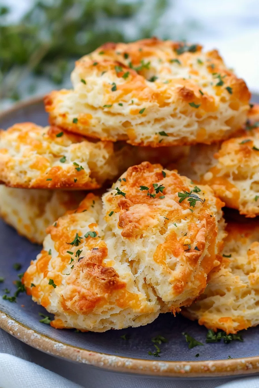 Top-down view of golden-brown biscuits, each with a hint of melted cheese and herb seasoning.