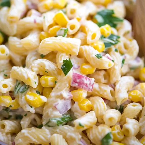 A plate of chilled pasta tossed with crisp veggies and a zesty sauce.