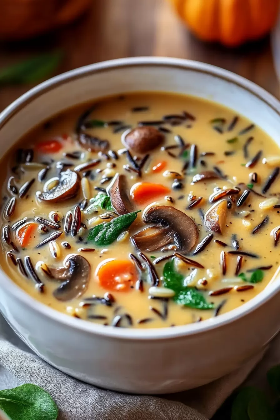 A warm bowl of creamy soup filled with mushrooms, carrots, and wild rice, perfect for a cozy autumn day.