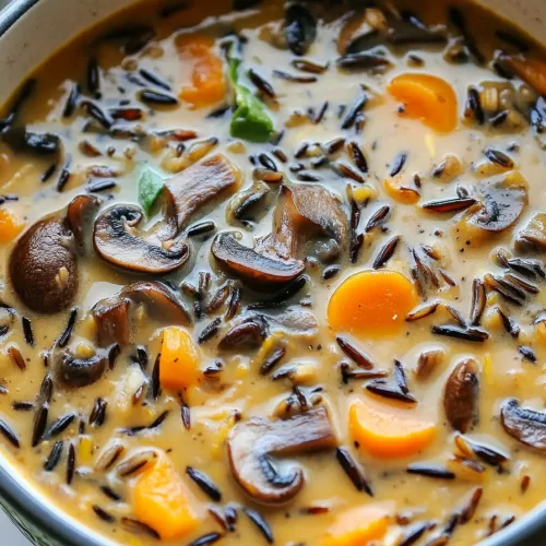 Top view of a comforting bowl of soup, highlighting mushrooms, rice, and colorful veggies garnished with fresh herbs.