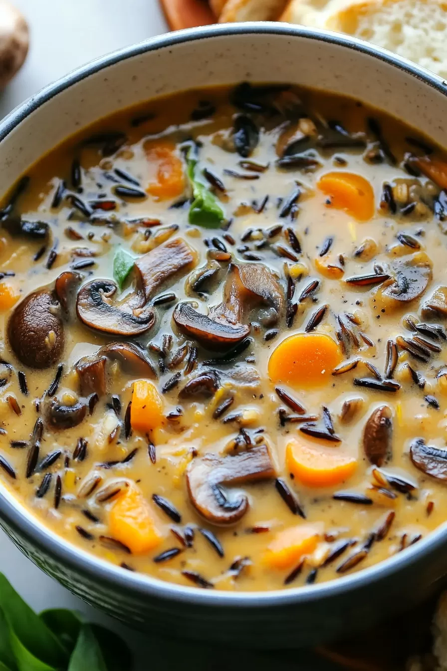 Top view of a comforting bowl of soup, highlighting mushrooms, rice, and colorful veggies garnished with fresh herbs.