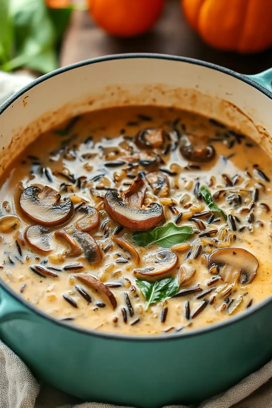 Creamy soup with wild rice and vegetables served in a rustic bowl, ideal for chilly evenings.