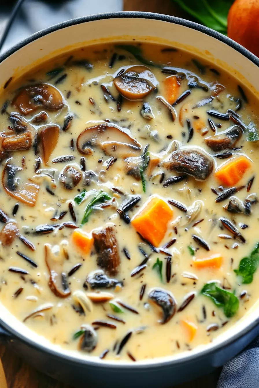 Close-up of hearty soup with chunks of mushrooms, wild rice, and vibrant vegetables in a creamy broth.