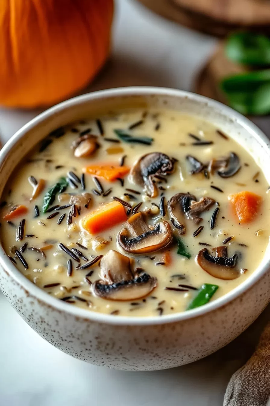 Rich, creamy soup filled with wild rice, mushrooms, and seasonal vegetables, capturing the flavors of fall.