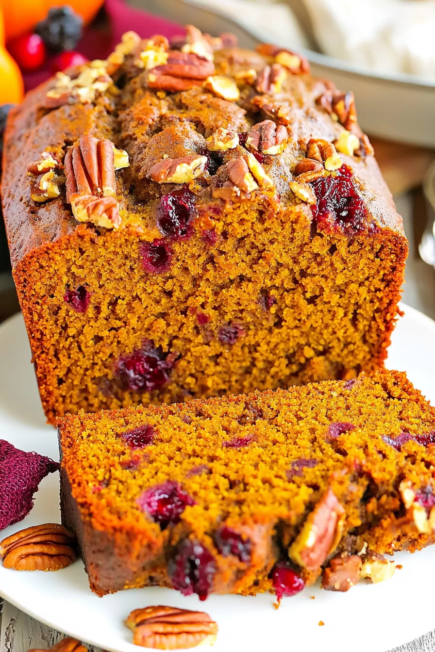 Close-up of a rustic loaf with a golden-brown crust and visible cranberries and pecans.