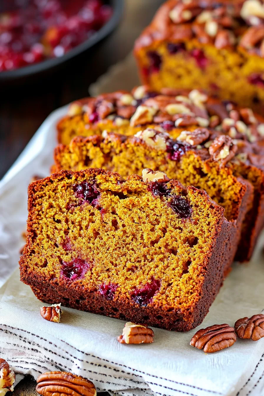 Sliced pumpkin bread showing a vibrant orange crumb with bursts of cranberries and pecans.