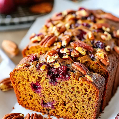 A loaf of moist pumpkin bread studded with cranberries and topped with crunchy pecans.