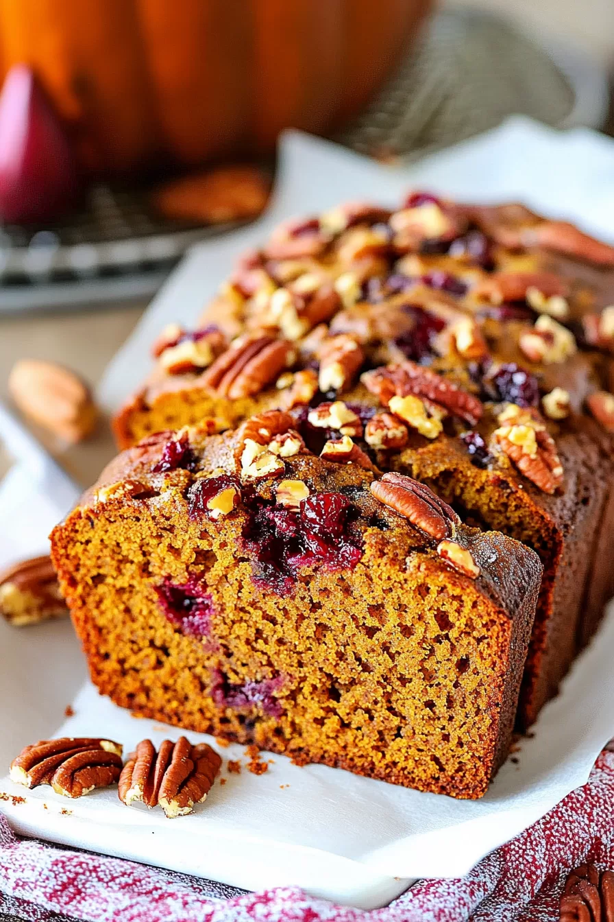 A loaf of moist pumpkin bread studded with cranberries and topped with crunchy pecans.