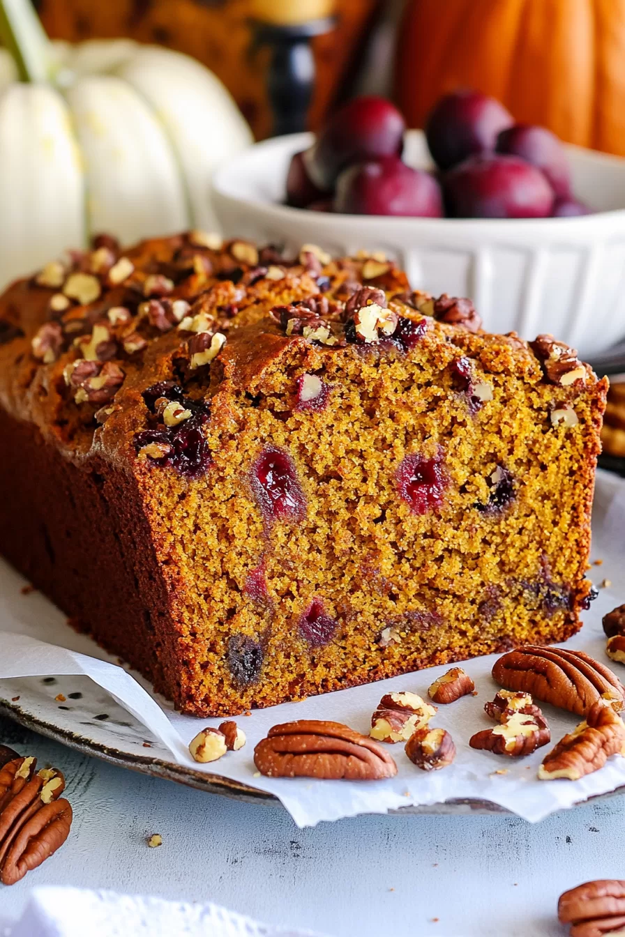 Warm, spiced pumpkin bread slice with cranberries and a sprinkle of pecans on top.