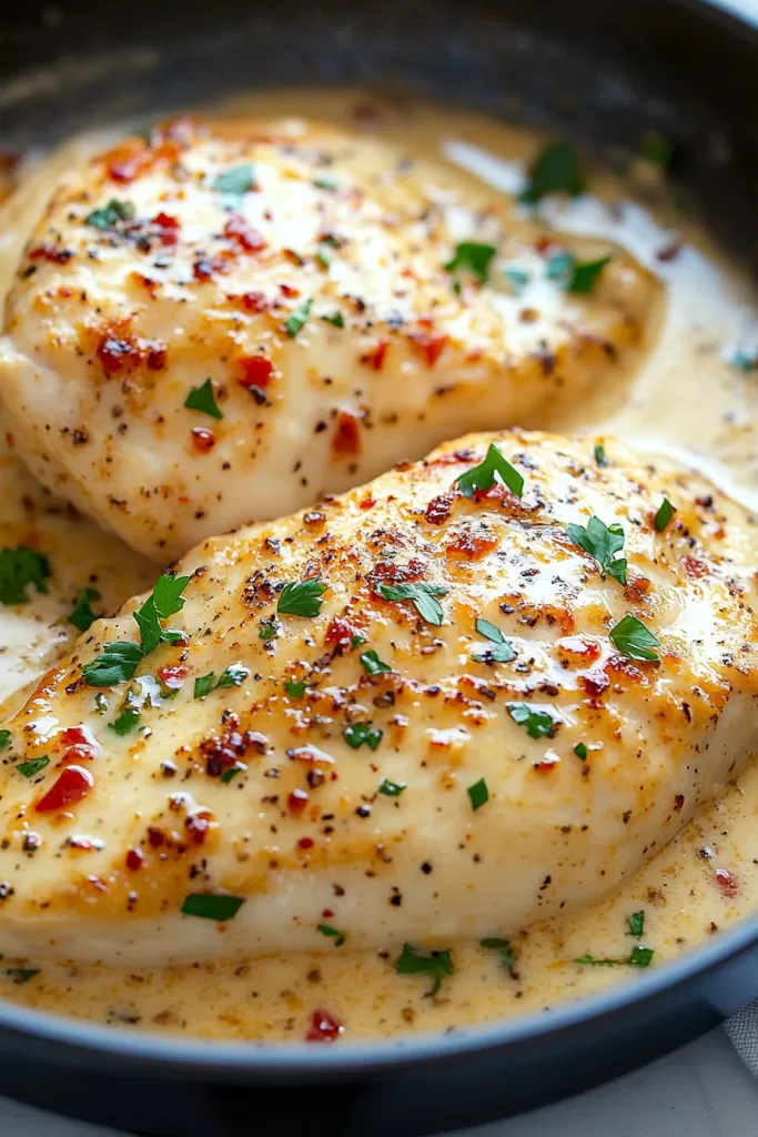 Tender chicken breast covered in a rich, creamy sauce with hints of herbs and spices.