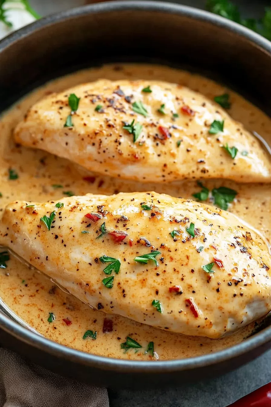 Creamy, savory dish featuring perfectly cooked chicken with a luscious sauce in a skillet.