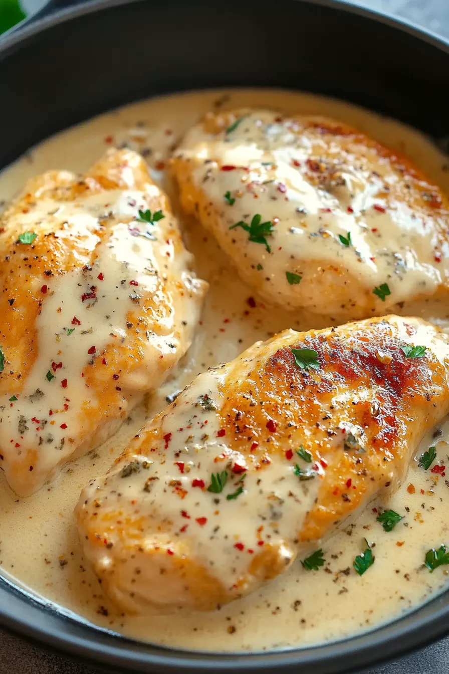 Pan-seared chicken in a luxurious, spiced cream sauce, ready to serve for a comforting meal.