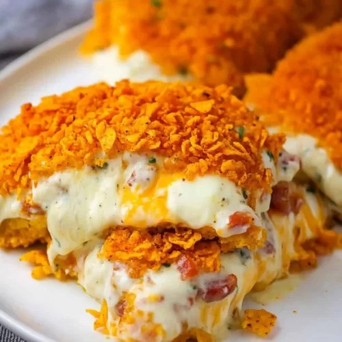 Sliced stuffed chicken revealing a creamy cheese and bacon center, wrapped in a crunchy crust.