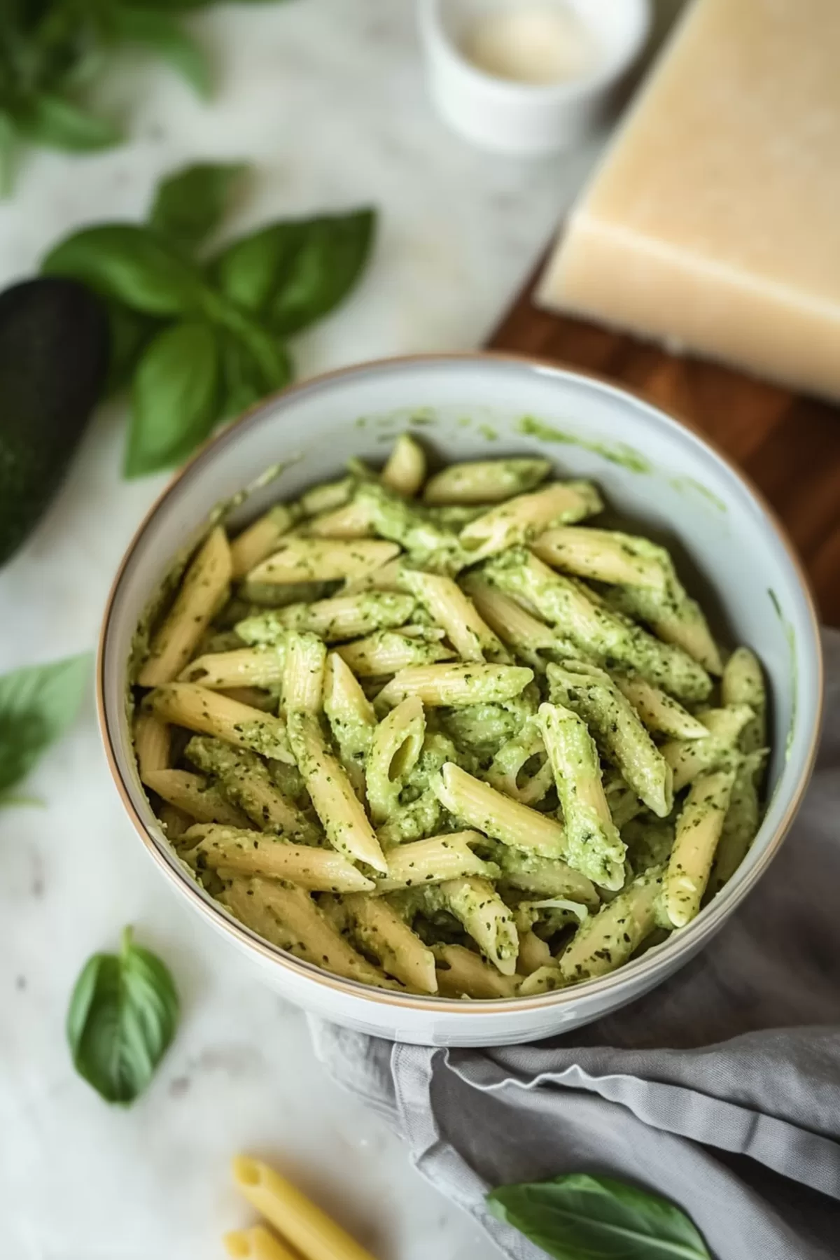 Freshly cooked noodles in a creamy green sauce, garnished with a squeeze of lemon and cracked pepper.