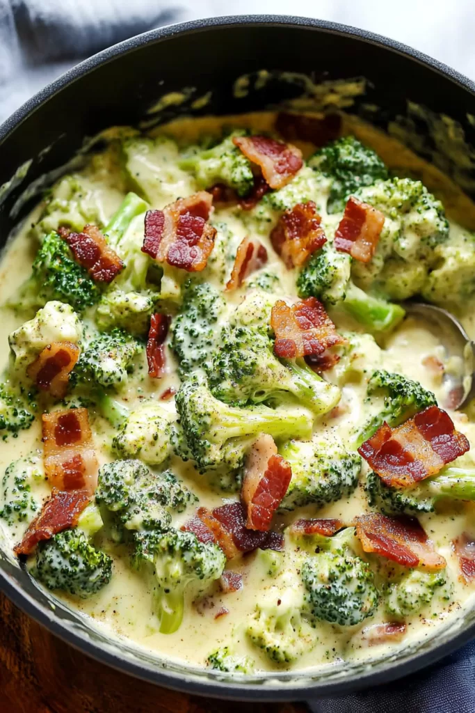 Skillet filled with broccoli and bacon in a creamy, golden cheese sauce, ready to serve.