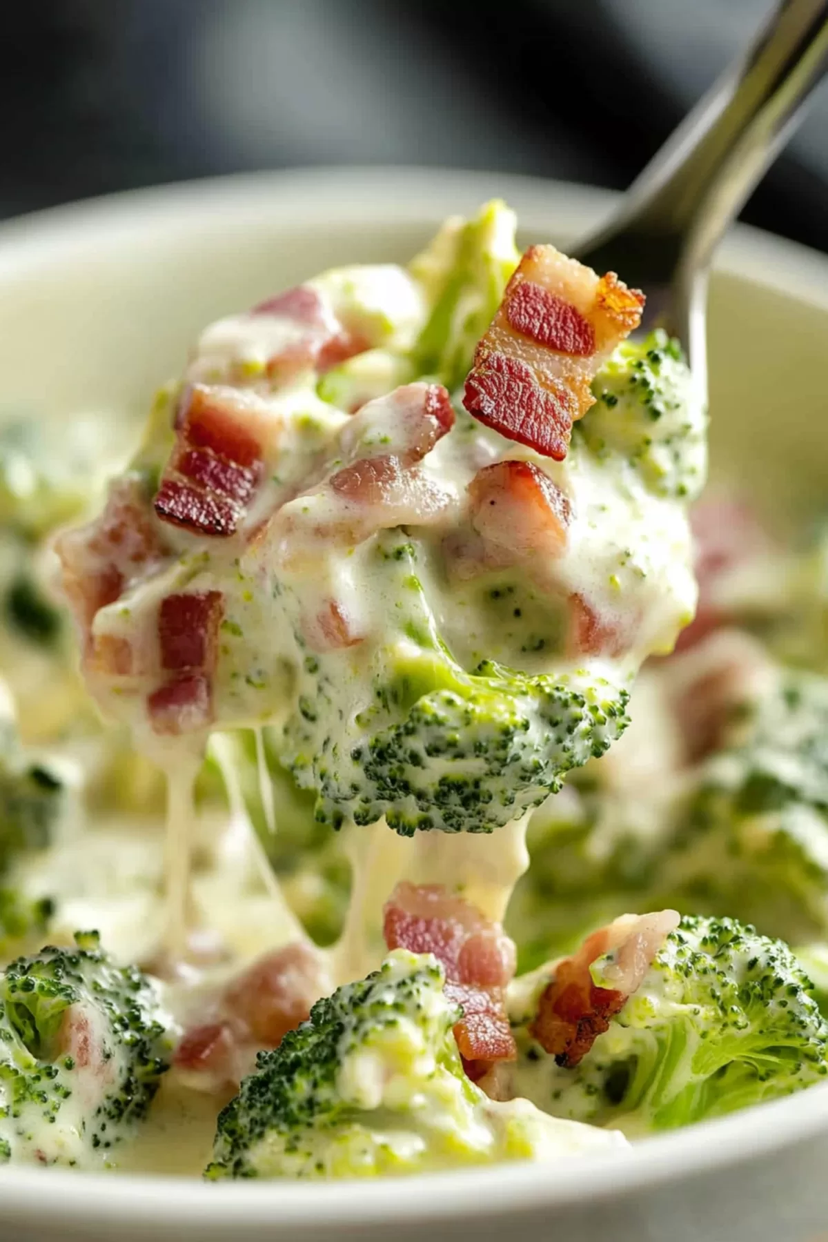 A bowl of broccoli and bacon in a rich, cheesy sauce, perfect for a comforting side dish.