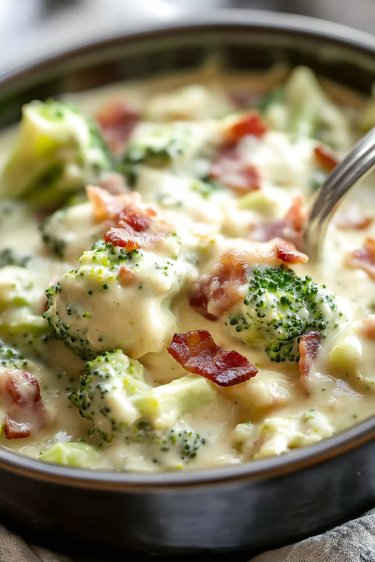 A spoonful of creamy broccoli and bacon, showing the gooey cheese pull and vibrant colors.