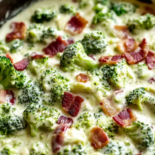 Close-up view of tender broccoli florets coated in creamy sauce, topped with crispy bacon bits.