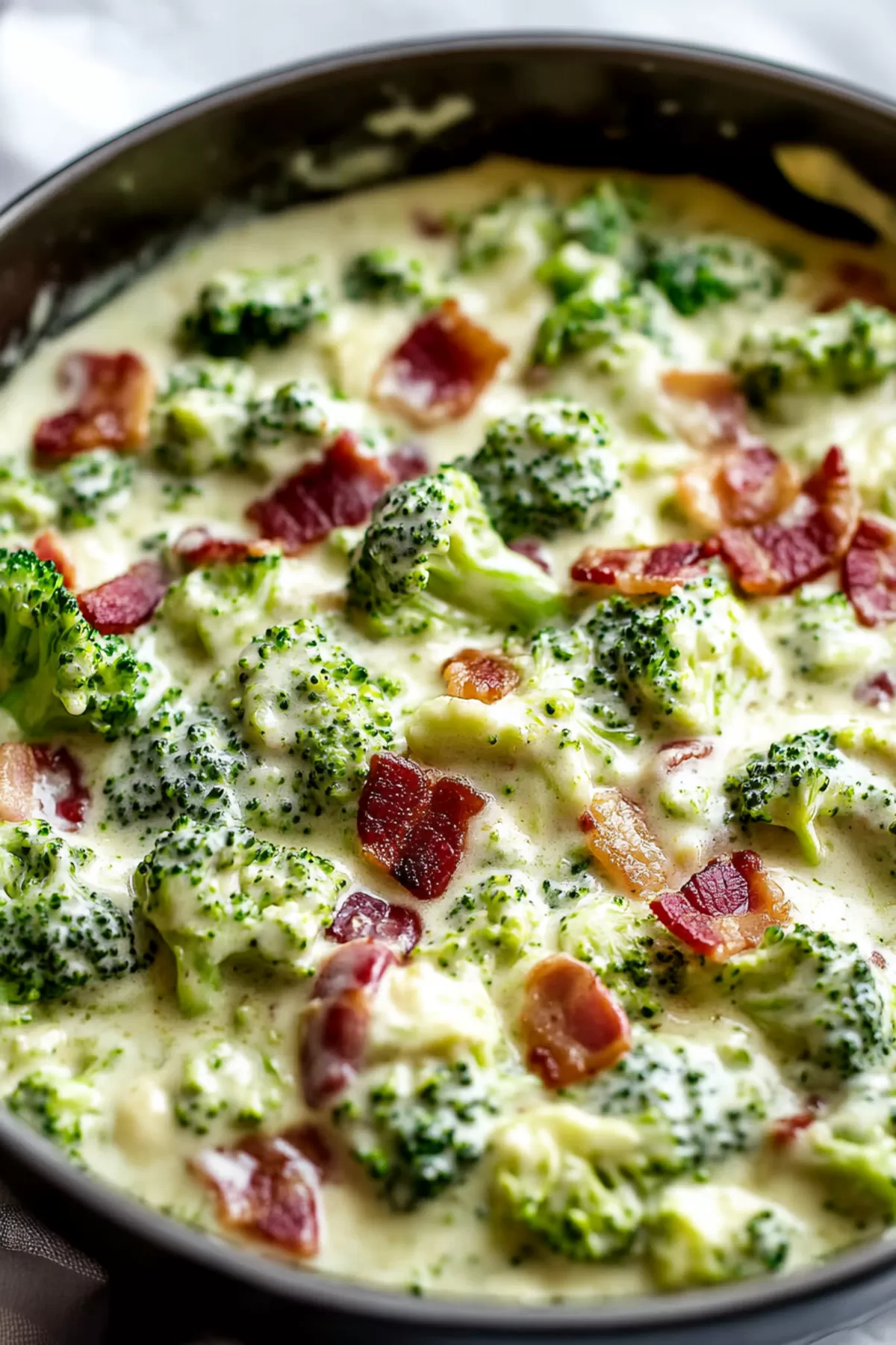 Close-up view of tender broccoli florets coated in creamy sauce, topped with crispy bacon bits.