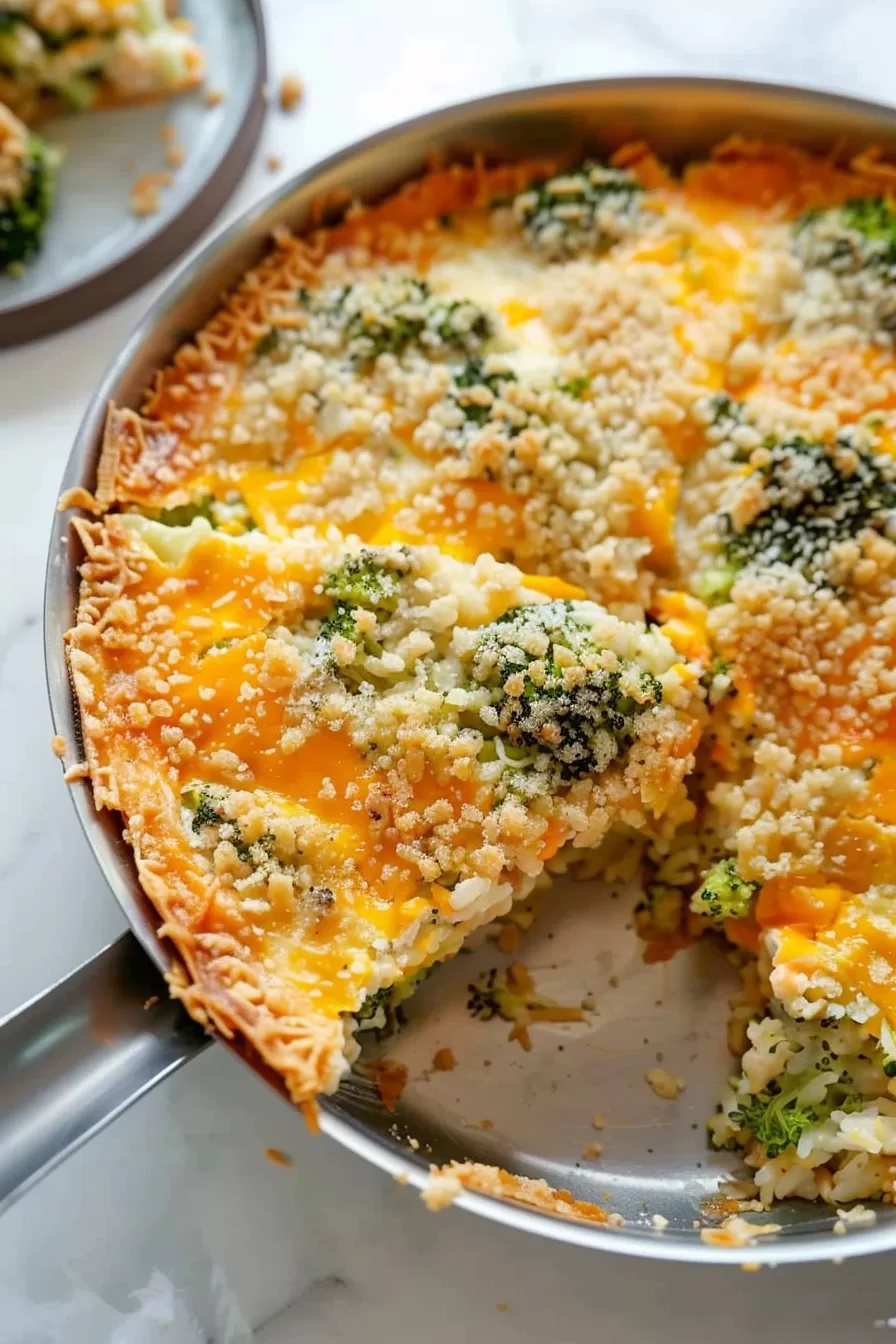 A whole broccoli rice pie in a baking dish, with a crispy cheese topping and visible green broccoli pieces.