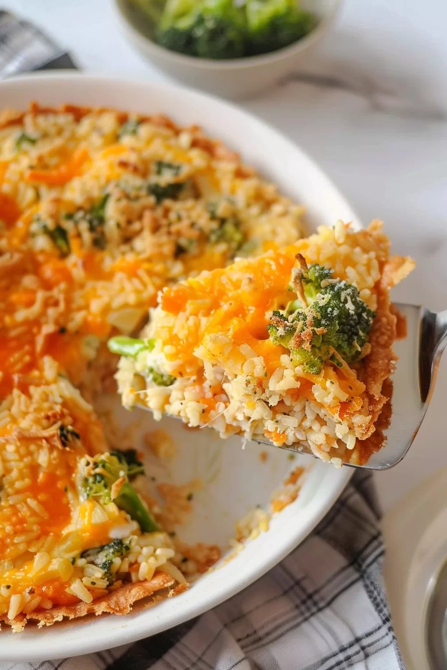 A slice of broccoli rice pie with a creamy, cheesy filling in a golden crust.