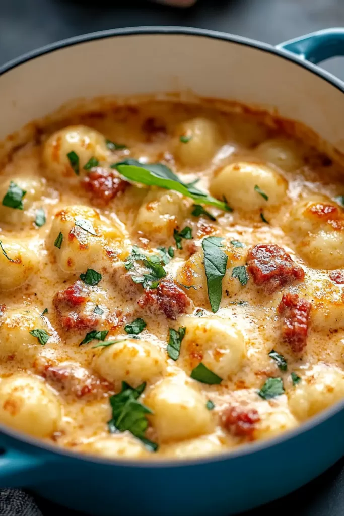 Close-up of creamy pasta topped with crispy chorizo and fresh herbs.