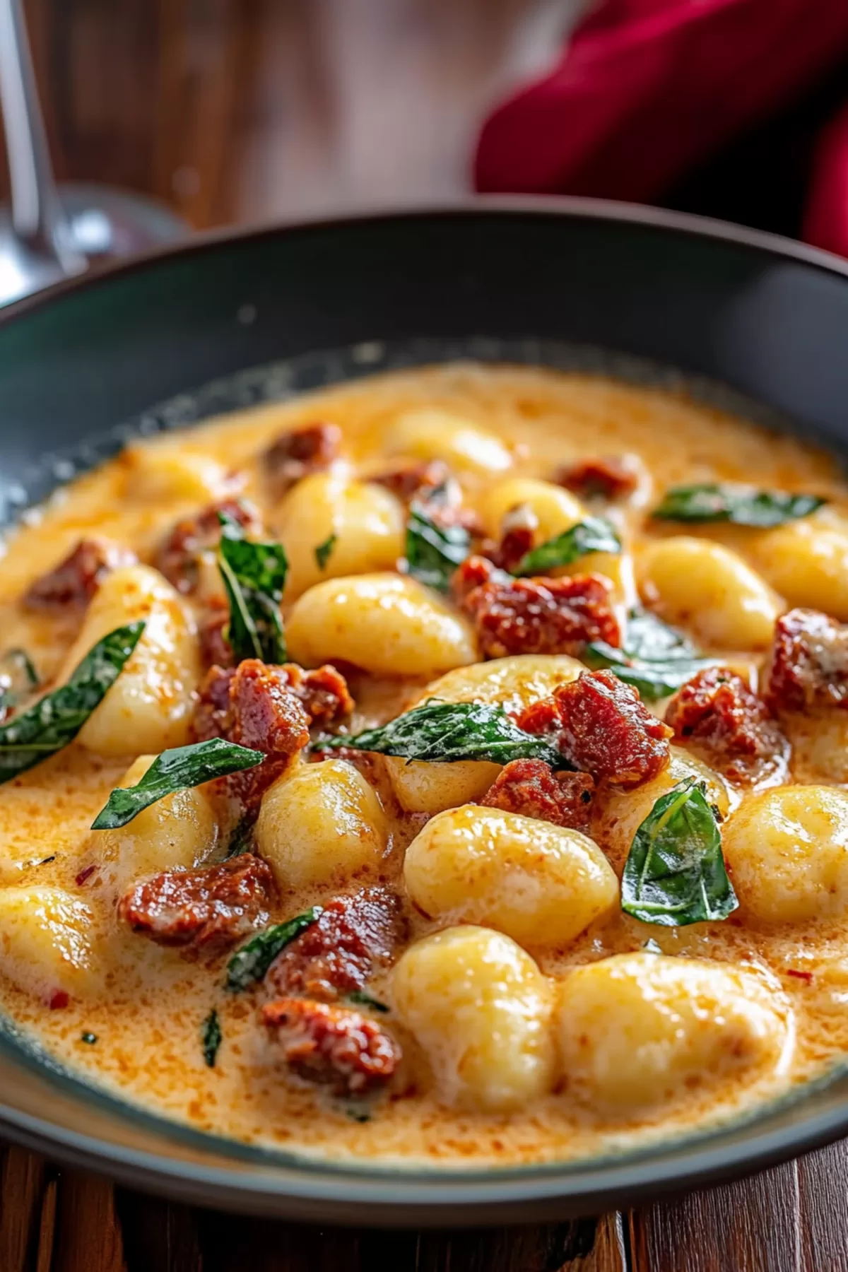 A bowl of pillowy gnocchi coated in a rich, flavorful sauce with crumbled sausage.