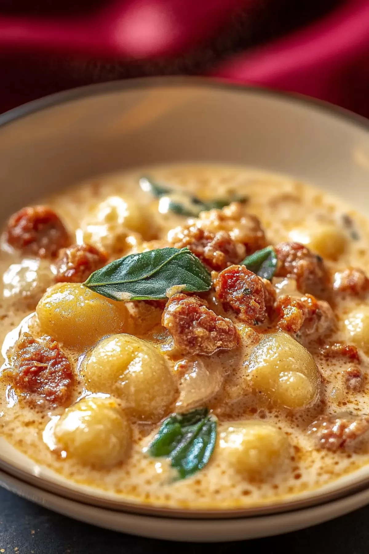 Golden-brown chorizo pieces scattered over a bed of gnocchi in a rich sauce.