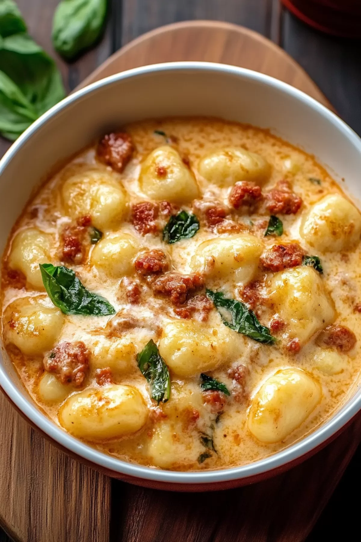 A hearty serving of gnocchi and sausage garnished with freshly grated cheese.