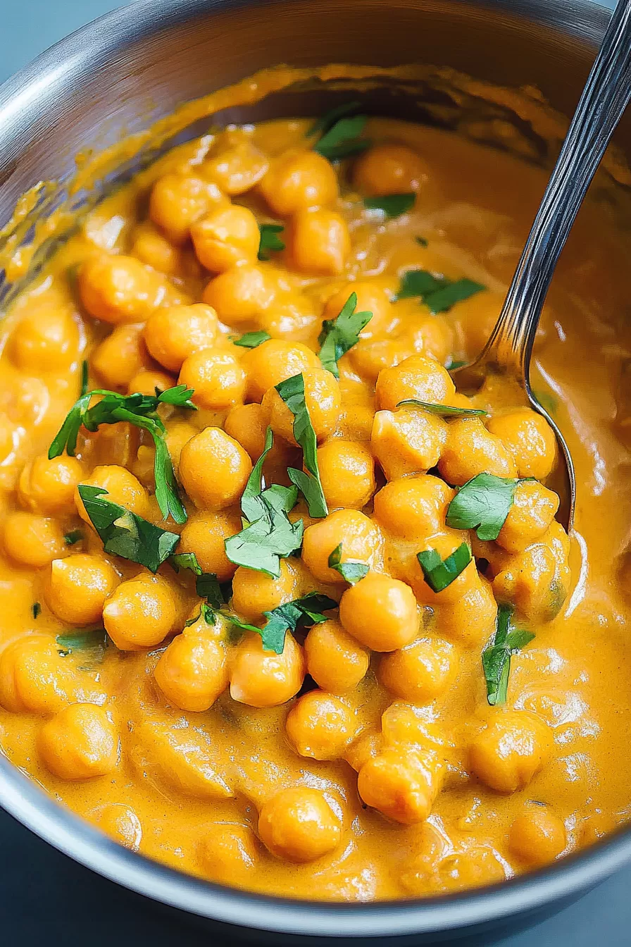 Chickpea curry topped with fresh herbs, highlighting the creamy coconut sauce