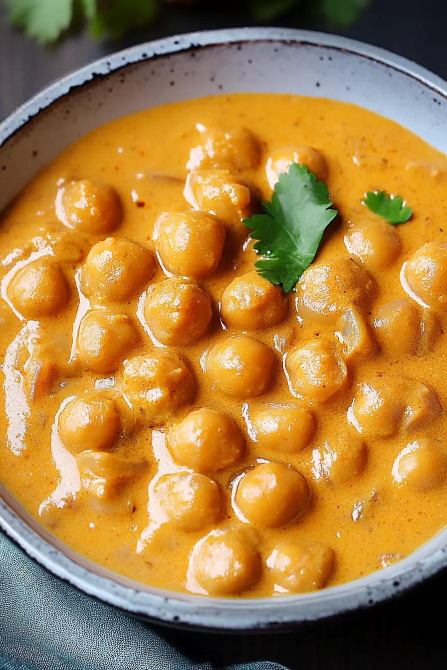 Close-up of chickpea curry, showcasing its velvety texture and vibrant spices