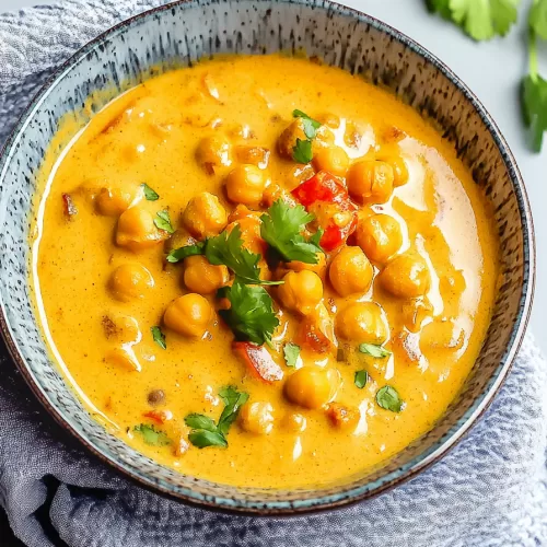 Rich and creamy chickpea curry with a coconut base, served in a bowl