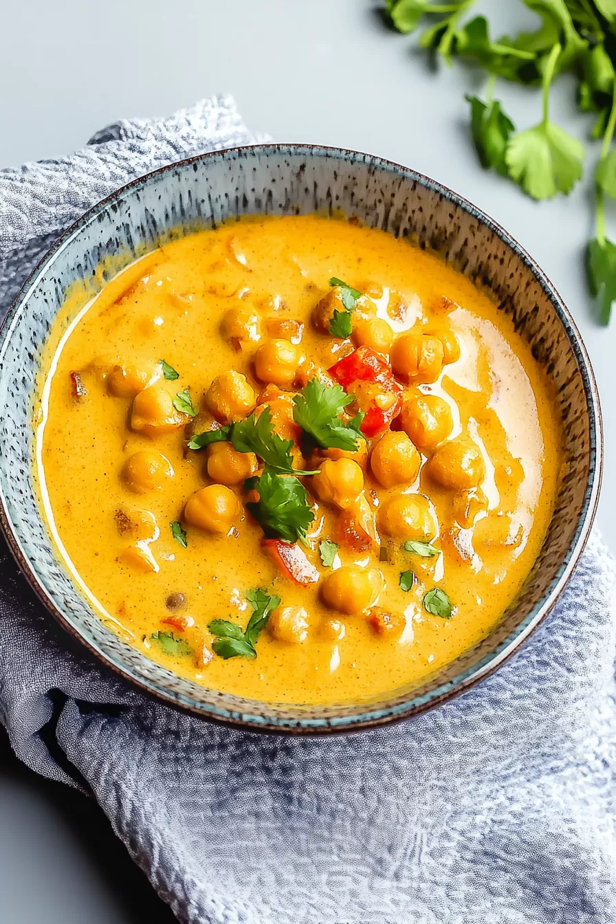 Rich and creamy chickpea curry with a coconut base, served in a bowl