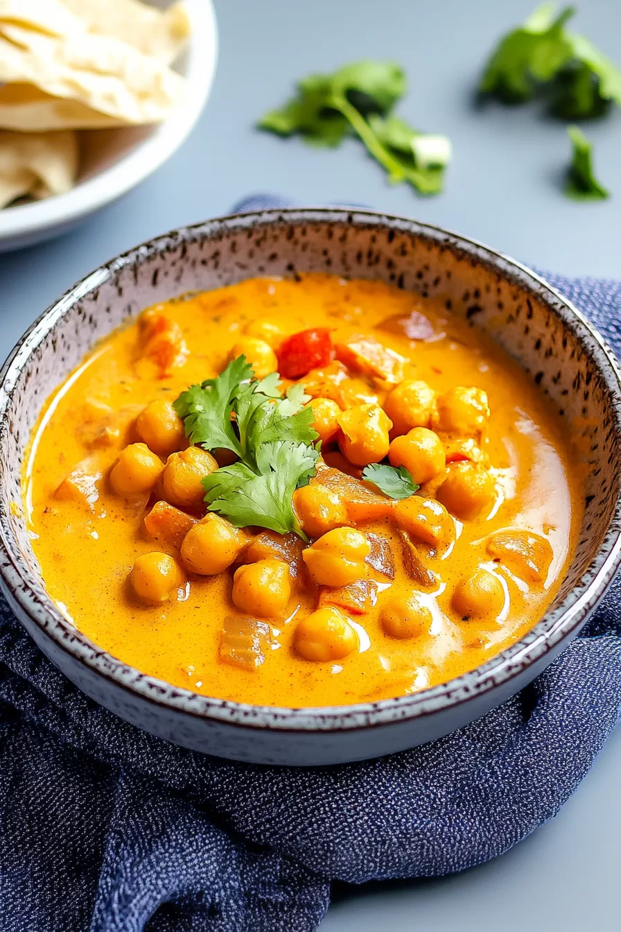 Warm, comforting bowl of chickpea curry with aromatic spices and a hint of coconut